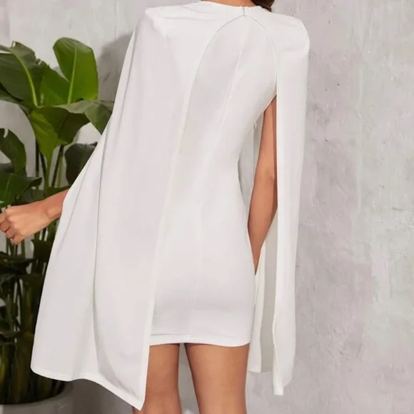 Cape cloak sleeve v neck fitted dress minimalist glam black - Picture 6 of 8